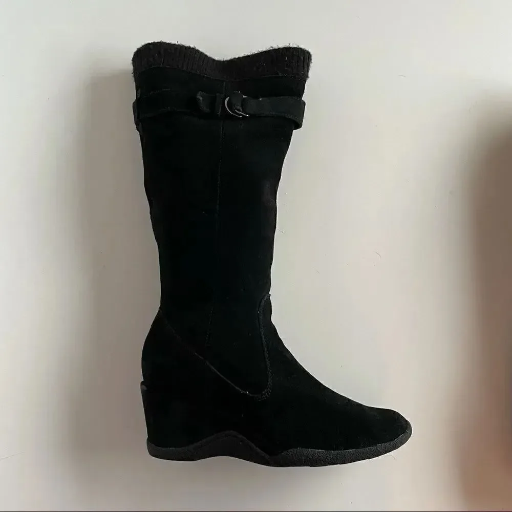 Black suede Sz 8 real leather wedge heel heeled over the knee or knee boots